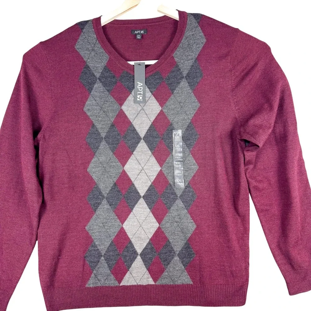 Apt 9 Sweater Mens 2XL Burgundy Merino Wool Argyle V‎ Neck Long Sleeve Kohls